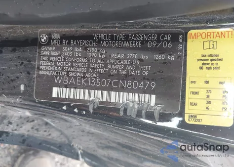 2007 BMW 650I z USA, uszkodzony, nr VIN WBAEK13507CN80479